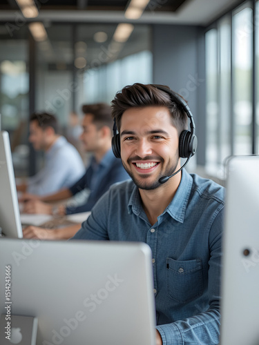Smiling male call-center operator with headphones sitting at modern office with collegues on the backgroung, consulting online.
