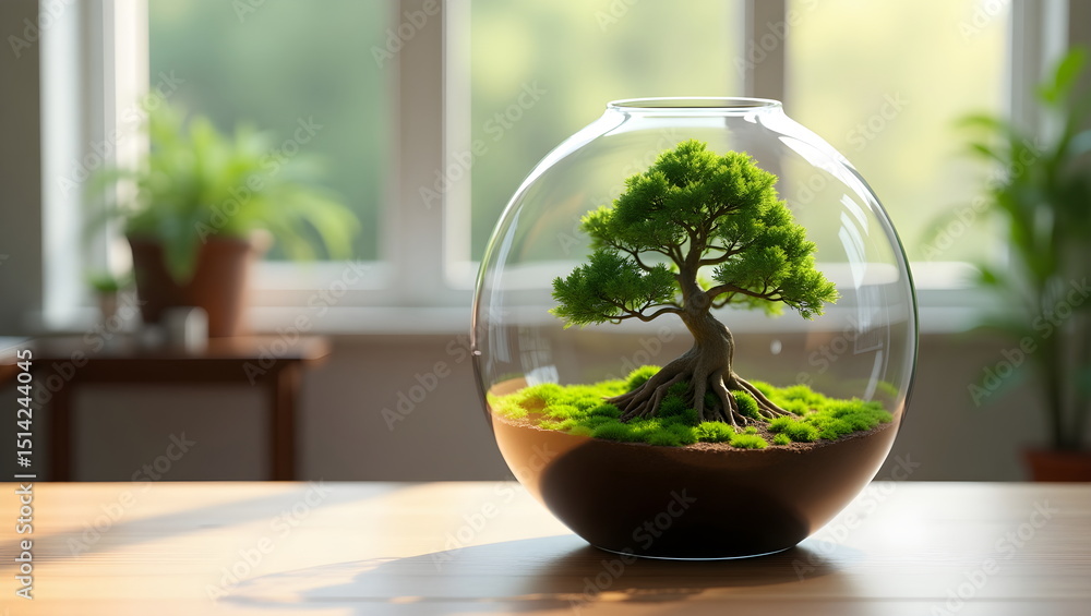 Miniature Bonsai Tree in a Glass Bowl as a Serene Indoor Tabletop Decoration Miniature Bonsai Tree in a Glass Bowl as a Serene Indoor Tabletop Decoration