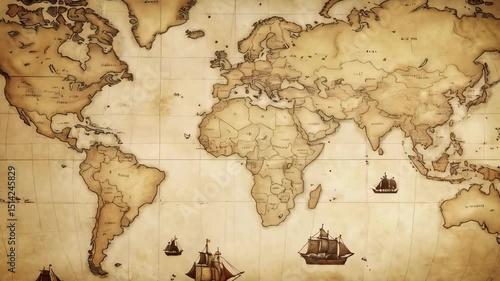 Vintage world map illustration with old sailing ships, showing continents and oceans, fantasy design, nautical history and exploration theme