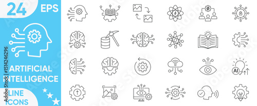 Artificial intelligence icon set.data science, decision, learning, algorithm, neural, AI, virtual assistant, generative AI, technology, Turing test and more.Vector and illustrator set.