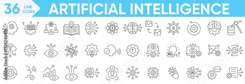 Artificial intelligence icon set.data science, decision, learning, algorithm, neural, AI, virtual assistant, generative AI, technology, Turing test and more.Vector and illustrator set.