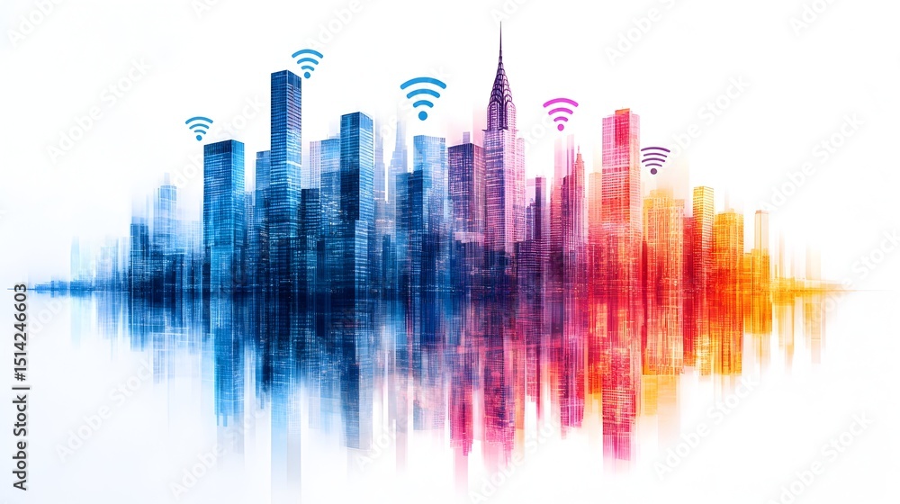 Vibrant cityscape reflected in water, overlaid with wifi symbols, suggesting smart city technology and connectivity Vibrant cityscape reflected in water, overlaid with wifi symbols, suggesting smart city technology and connectivity