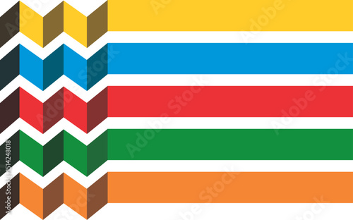 a series of horizontal, multicolored chevron patterns on the left, transitioning into straight bars on the right. creating a dynamic visual