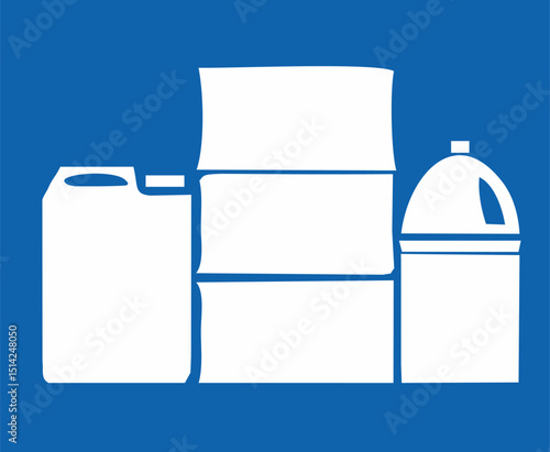 a blue square sign with white silhouettes of various containers: a jerrycan, a barrel and a jug or bottle. This commonly indicates an area for packaged goods, chemicals, or general material storage