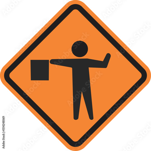 warning sign with a thick black border, a person holding a flag with one arm outstretched, signaling to stop or proceed. This is a common construction or road work sign