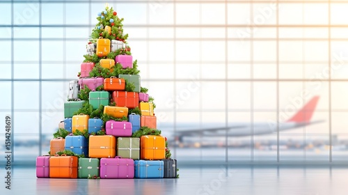 Colorful suitcases and gifts form a Christmas tree in an airport terminal, with a plane visible through large windows