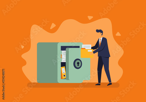 Businessman securing important documents in a bank safe concept