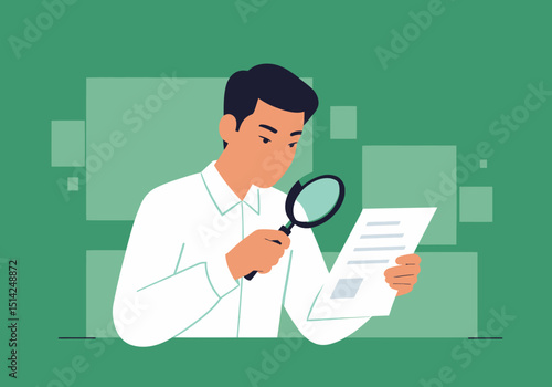 Man Examines Document with Magnifying Glass Detailed Search