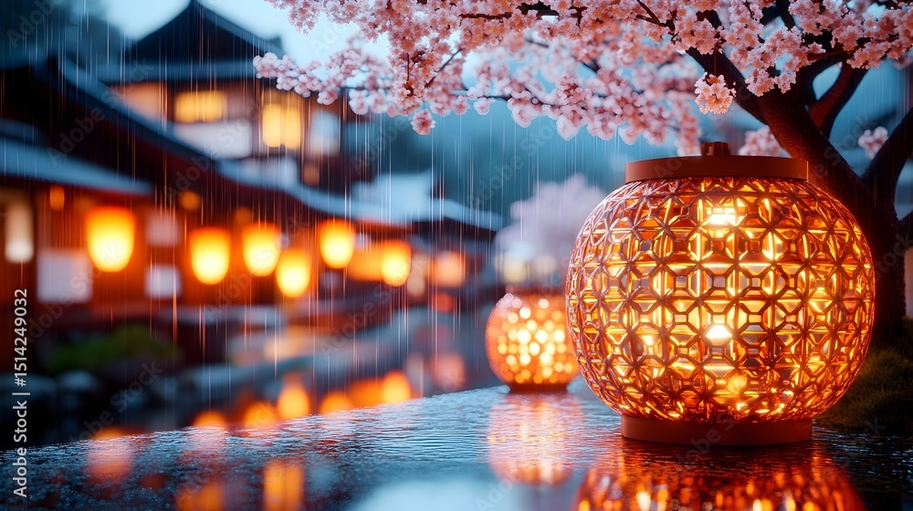 Fototapeta premium Rain-soaked Japanese village at dusk, illuminated by warm lanterns under blossoming cherry trees. Reflective water adds depth