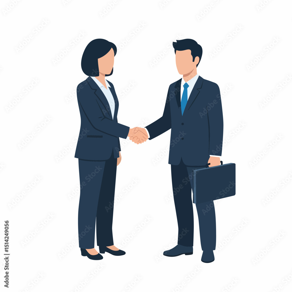 Business handshake between man and woman in formal suit, flat vector illustration of corporate partnership, deal, or agreement concept Business handshake between man and woman in formal suit, flat vector illustration of corporate partnership, deal, or agreement concept