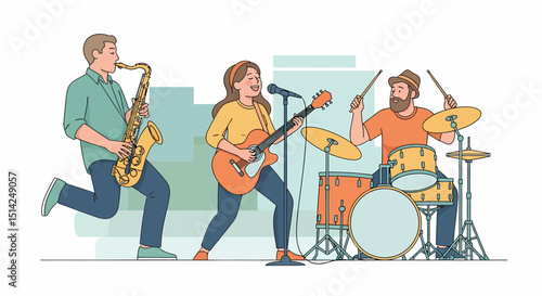 Vibrant Music Band Playing Live Saxophone Guitar Drums Performance