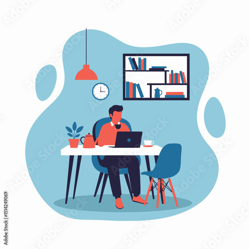 Man Relaxing with Coffee Working at Home Office