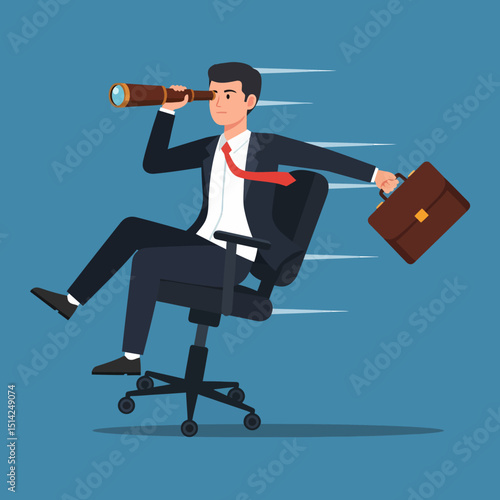Businessman Sees Future Opportunities Riding Office Chair Forward