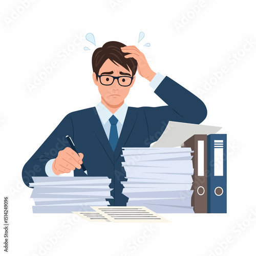 Overwhelmed Businessman with Paperwork and Documents in Office