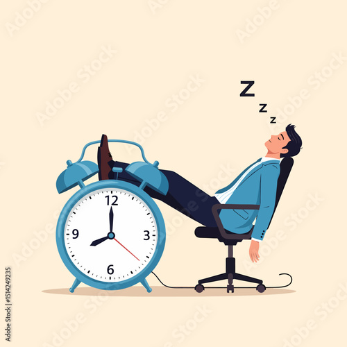 Office Worker Sleeping Next to Alarm Clock Tired Exhausted