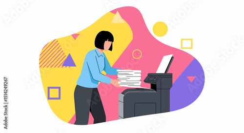 Woman stacks paper near printer in vector illustration