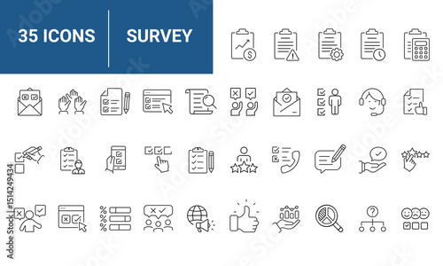Survey set of icons in line style. Containing question, opinion, satisfaction, opinion, research, review, satisfaction, task, poll, answer. suitable for applications and web. vector illustration.
