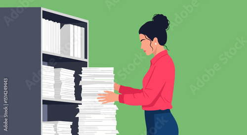Office woman organizing a stack of documents on a shelf, flat vector illustration for business and administrative tasks concept