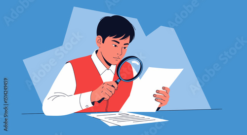 Young Man Inspecting Documents Closely with Magnifying Glass