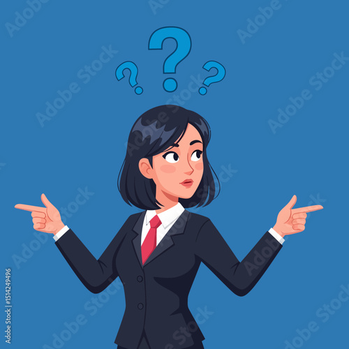 Confused Businesswoman With Questions Making Decision Cartoon Illustration