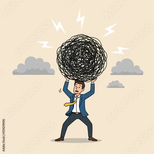 Businessman Under Stress Holding a Tangled Mess of Problems