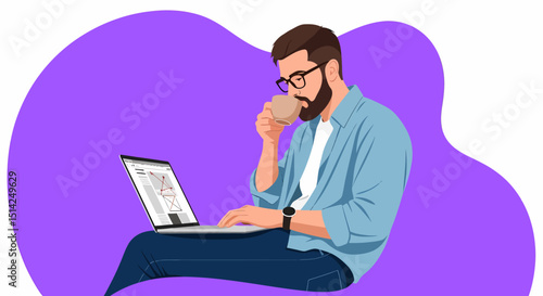 Man Working from Home with Laptop and Coffee