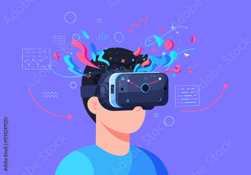 Man Wearing VR Headset Experiencing Augmented Reality Universe