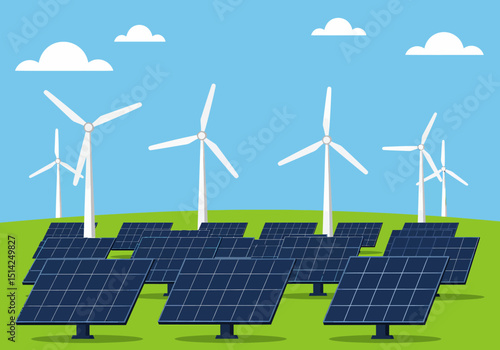 Renewable Energy Landscape Wind Turbines and Solar Panels