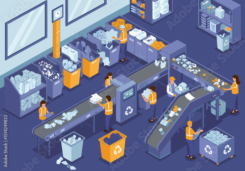 Isometric Recycling Plant Workers Sorting Waste on Conveyor Belt