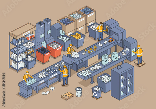 Recycling Plant Isometric View Sorting Waste Materials Illustration