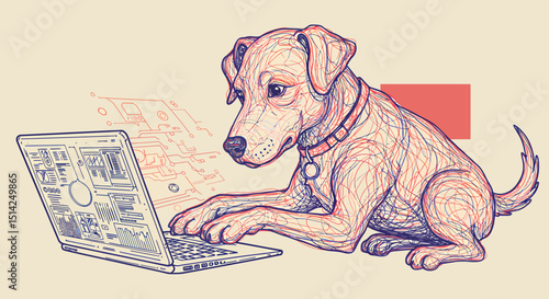 Dog Using Laptop Computer Creative Digital Art Illustration