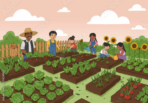 Diverse Kids Gardening Together in Community Garden Illustration