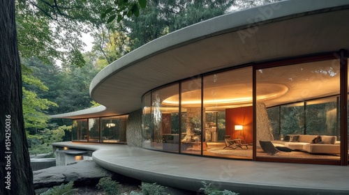 Modern curved home with glass walls, nestled in trees