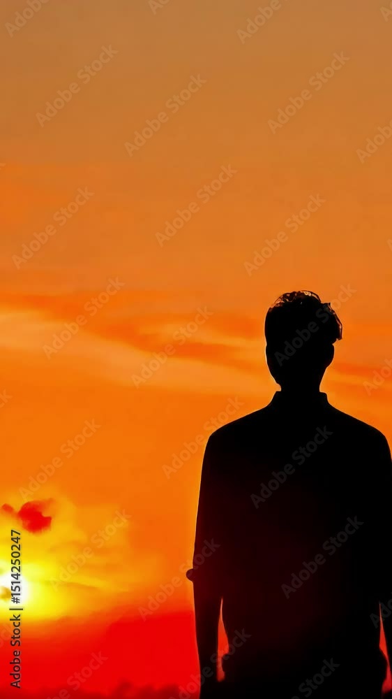Silhouette of a person standing in a field with a dramatic sunset in the background(Vertical video) Silhouette of a person standing in a field with a dramatic sunset in the background(Vertical video)