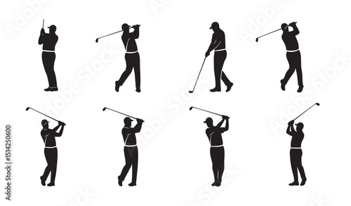 Golf players performing various stages of a golf swing silhouetted against a white background