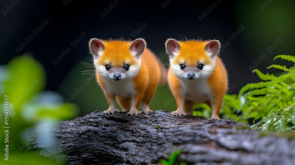 Fototapeta premium Two adorable, bright orange, fox-like creatures with white underbellies sit side-by-side on a dark, damp log in a lush green forest