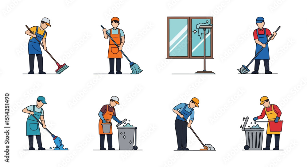 Fototapeta premium Cleaning Service Workers Performing Various Cleaning Tasks