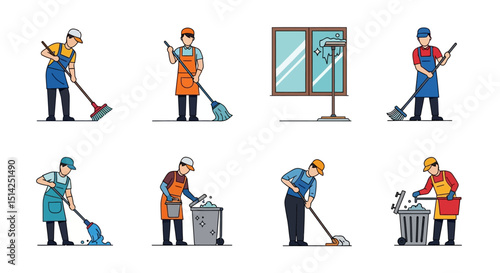 Cleaning Service Workers Performing Various Cleaning Tasks
