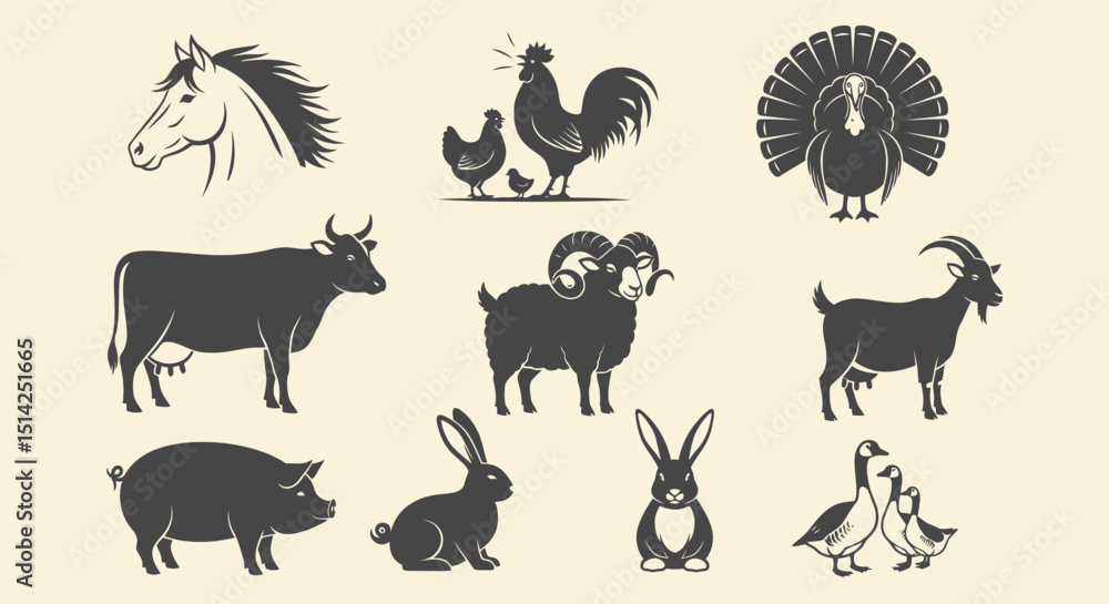 Obraz premium Silhouette Illustrations of Farm Animals Horse Cow Rooster Sheep Rabbit and More