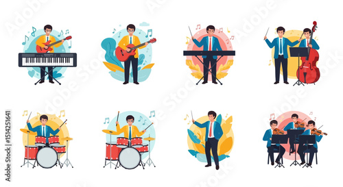 Musicians playing various instruments guitar keyboard drums bass and violin