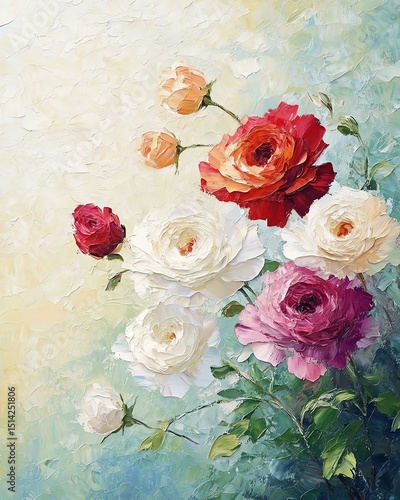 Beautiful bouquet of colorful roses in a soft pastel background.