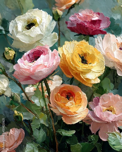 Vibrant blooming ranunculus flowers in various colors.