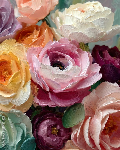 A vibrant arrangement of colorful, blooming roses in various hues.