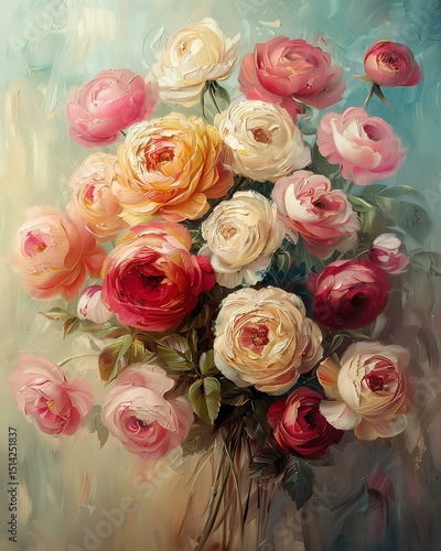 A vibrant bouquet of colorful roses in soft, dreamy hues.