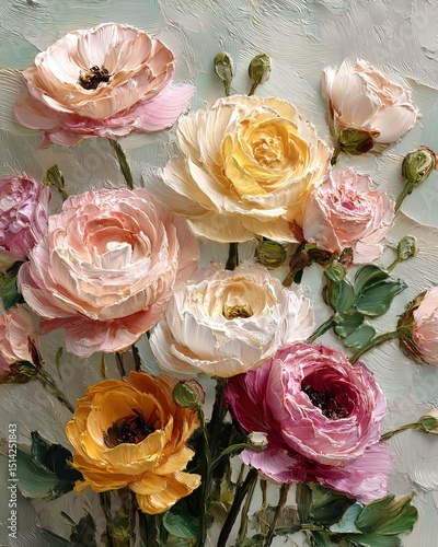 Beautiful arrangement of colorful roses in soft pastels and shades.