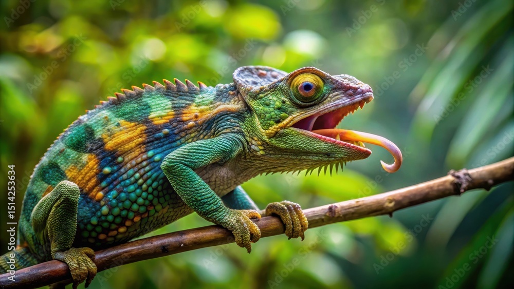 Obraz premium A chameleon's tongue darts in and out of its mouth as it prepares to strike its next meal on a branch in a lush tropical forest, camouflage, wildlife