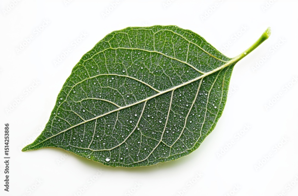 Obraz premium Close-up of dew drops on vibrant green leaf, white background