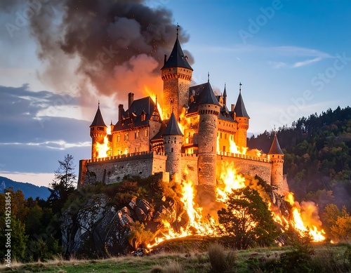 Burning medieval castle at sunset
