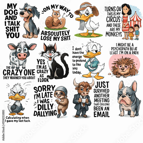 Funny Animal Quote Stickers – Sarcastic Cartoon Characters with Humorous Sayings