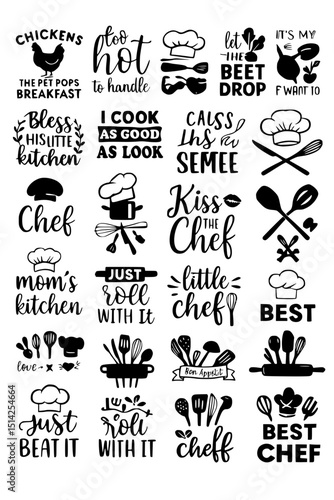 Chef Quote and Cooking Typography Bundle – Funny Black and White Kitchen Sayings and Icons for Stickers and Wall Art